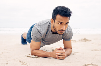 Buy stock photo Asian man, plank and beach for exercise, workout or outdoor training on strong core or abs. Active male person, athlete or bodybuilder planking on sand by ocean coast in fitness, health and wellness