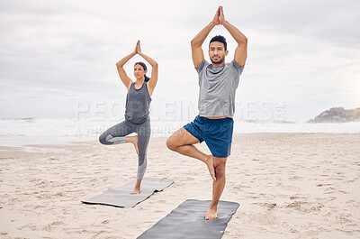 Buy stock photo People, yoga and tree pose on beach for fitness, exercise and holistic wellness and teamwork outdoor. Couple of friends or instructor with balance, pilates and health or calm workout by ocean or sea