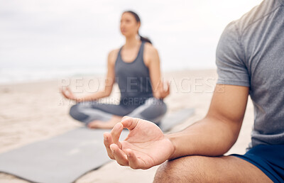Buy stock photo People, lotus hands and beach meditation for zen fitness, calm exercise and mindfulness or holistic wellness. Yoga class outdoor with person in meditation for peace and mental health by sea or nature
