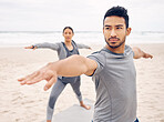 People, yoga and warrior pose on beach for fitness, exercise and holistic wellness, teamwork or workout outdoor. Couple of friends or instructor stretching with balance, health and pilates by ocean