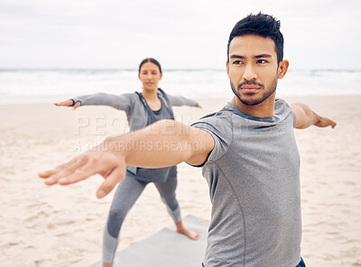 Buy stock photo People, yoga and warrior pose on beach for fitness, exercise and holistic wellness, teamwork or workout outdoor. Couple of friends or instructor stretching with balance, health and pilates by ocean