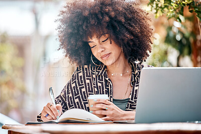 Buy stock photo Woman, coffee and smile for writing at cafe in notebook with idea, planning or schedule. Black person, creative or female blogger with laptop for remote work on web for research, article or project