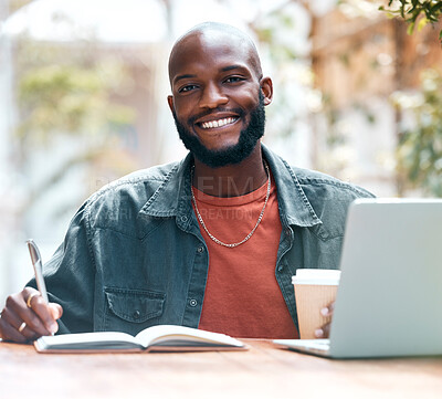Buy stock photo Man, writing and smile in cafe, journal and planning for future, ideas and vision for growth. Black male person, drinking coffee and laptop for research, restaurant and notes for student in portrait