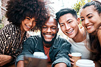 Friends, diversity and coffee selfie happy for social media post, online connection or cafe visit together. Men, women or student for summer meet up or technology for double date, hot drink at outing
