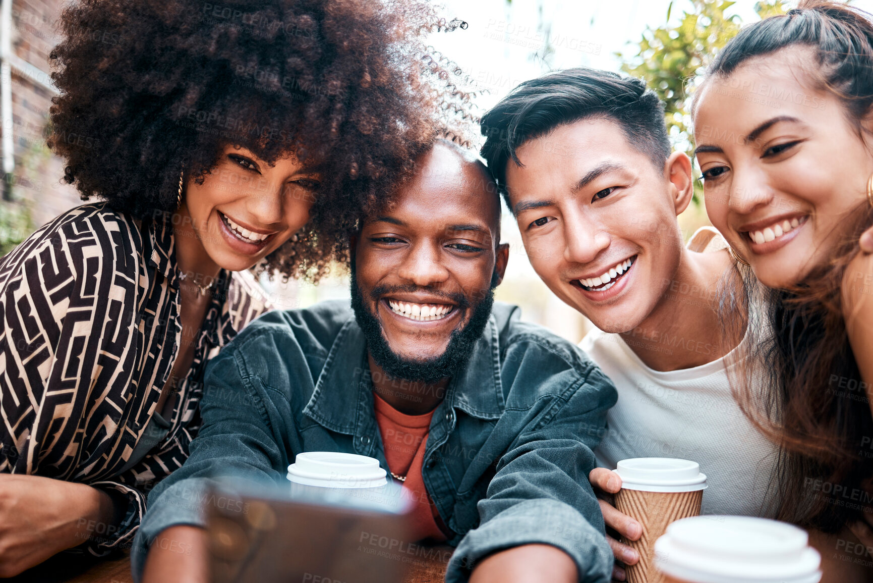 Buy stock photo Friends, diversity and coffee selfie happy for social media post, online connection or cafe visit together. Men, women or student for summer meet up or technology for double date, hot drink at outing