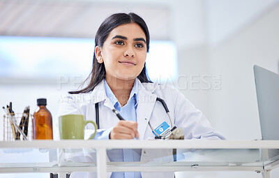 Buy stock photo Healthcare, woman and doctor writing, thinking or planning with ideas, innovation or schedule. Female person, employee or medical professional with thoughts, deadline or laptop with wellness or notes