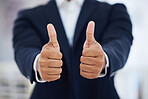 Hands, thumbs up or businessman for thank you, closeup or winner support for company growth. Finger emoji, job approval and professional achievement with agreement for positive career and feedback