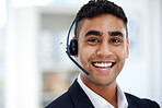 Consultant man, call center and portrait for communication, customer support and e commerce help or services. Face of a happy mexican agent or salesman in headphones for contact us, FAQ or advice