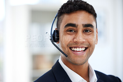 Buy stock photo Consultant man, call center and portrait for communication, customer support and e commerce help or services. Face of a happy mexican agent or salesman in headphones for contact us, FAQ or advice