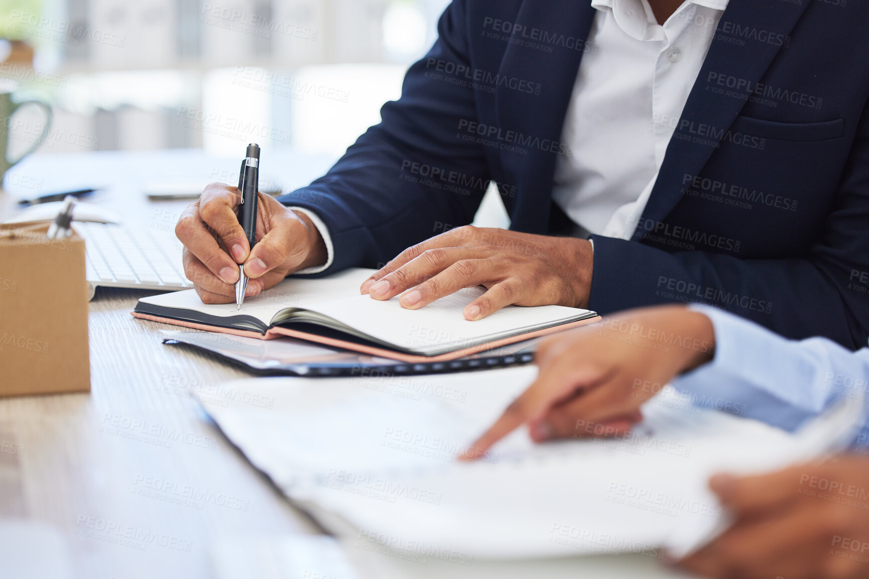 Buy stock photo Business people, hands and notebook for writing schedule, planning and administration in corporate office. Professional, employee and pen with pointing, reminder and information for project feedback