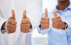 Closeup, hand and sign with thumbs up in office with well done for choice, opportunity and decision. Businesspeople, finger and agree with gesture, emoji and symbol with encouragement for support