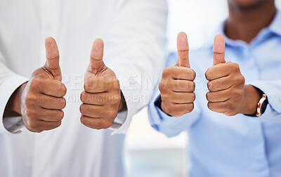 Buy stock photo Closeup, hand and sign with thumbs up in office with well done for choice, opportunity and decision. Businesspeople, finger and agree with gesture, emoji and symbol with encouragement for support