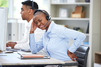 Buy stock photo Call center, burnout and black woman with back pain stress in office consulting for crm, b2b or customer support. Telemarketing, injury and consultant with posture problem, arthritis or fibromyalgia