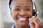 Portrait, contact and call center with a business black woman closeup in an office for support or consulting. Face, crm and headset with a happy young employee in her workplace for customer service