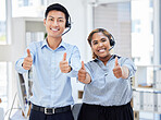 Call center, portrait and people with thumbs up for team success, support or customer service excellence. Telemarketing, group smile and like hand emoji for diversity, goals and thank you for sales.
