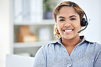Call center, portrait and smile of woman for telemarketing, customer service and support. Face, contact us and confident sales agent, consultant and crm professional from Brazil in business office.