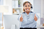 Call center, portrait and woman with thumbs up for telemarketing, customer service excellence or support. Face, contact us or African sales agent with like hand emoji for success, thank you and smile