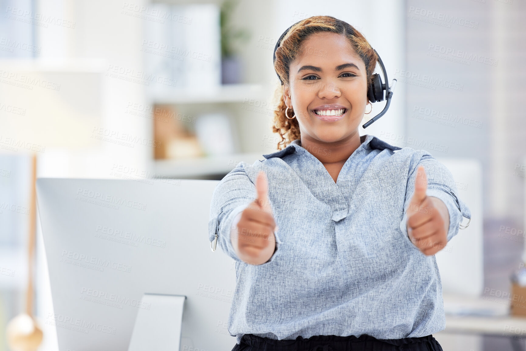 Buy stock photo Call center, portrait and woman with thumbs up for telemarketing, customer service excellence or support. Face, contact us or African sales agent with like hand emoji for success, thank you and smile