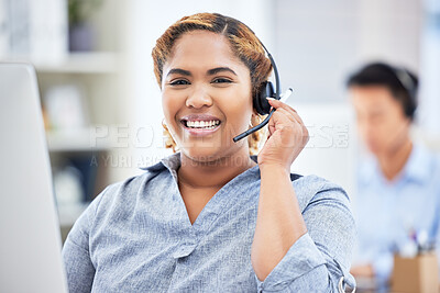 Buy stock photo Call center, portrait and woman smile for customer service, telemarketing or support. Face, contact us and African sales agent, consultant or professional working at help desk for crm business online
