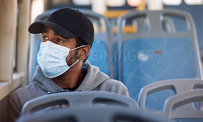 Buy stock photo Man, mask or thinking in bus in city, cold protection or window view on trip for wellness. Young person, cap or medical cover on mouth for flu virus, transport safety or healthcare rules on vehicle