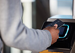 Hands, man and bus card for payment, finance or digital banking tech for travel service. Closeup, scan and transportation terminal machine for subway journey, train credit or money for public commute