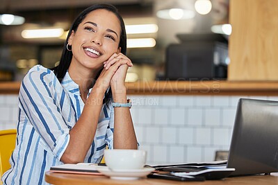Buy stock photo Thinking coffee shop manager or cafe entrepreneur with menu vision ideas, planning innovation and preparing schedule. Woman in restaurant dreaming of success and calculating startup finance on laptop