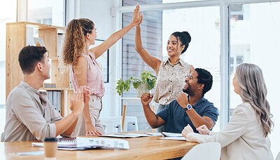 Buy stock photo Business teamwork high five celebrate deal success, achievement and winner motivation working in startup agency. Happy company of people, employee collaboration and worker in support of excited goal