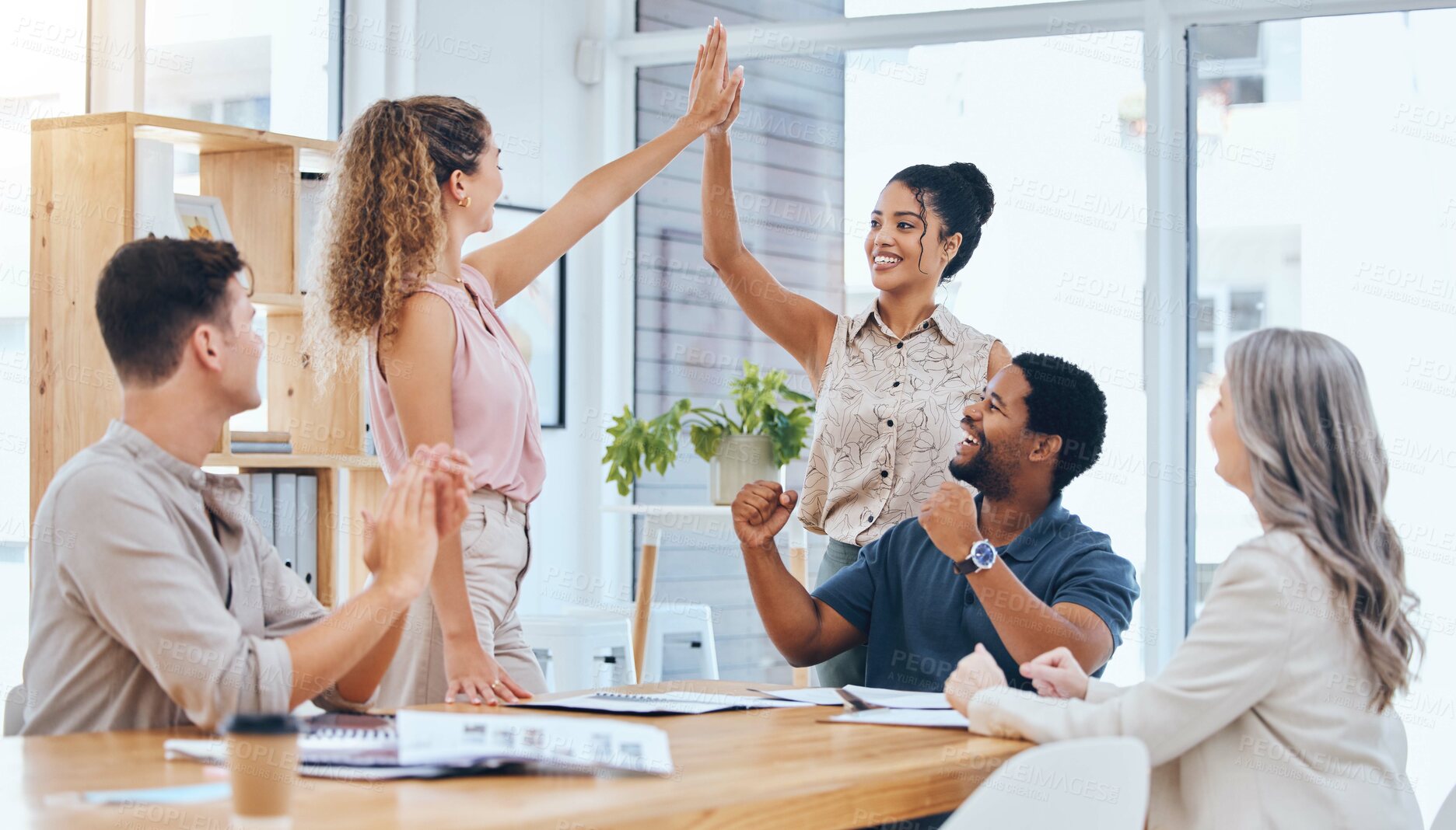 Buy stock photo Business teamwork high five celebrate deal success, achievement and winner motivation working in startup agency. Happy company of people, employee collaboration and worker in support of excited goal