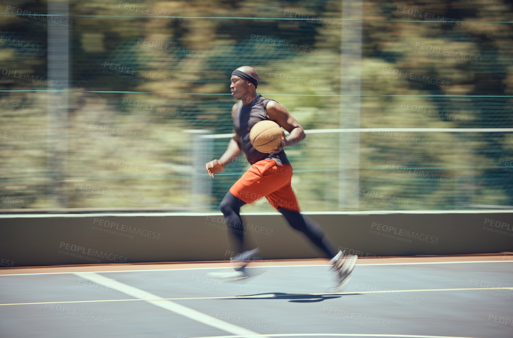 Buy stock photo Fitness, sports and basketball player in action running on the court for a cardio workout, training and exercise. Wellness, energy and healthy black man or athlete playing an active game in summer