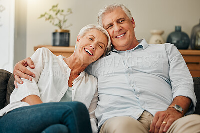Buy stock photo Retirement, relax and love with couple on sofa in living room together for happy, peace or support. Wellness, smile and portrait of old man and elderly woman sitting on couch for marriage and family 