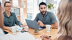 Meeting, teamwork and diversity, creative startup workers with laptop and performance or productivity report. CEO man and team listening to woman pitch strategy on business project proposal in office