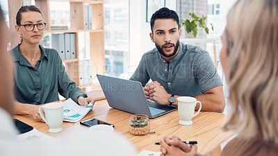 Buy stock photo Meeting, teamwork and diversity, creative startup workers with laptop and performance or productivity report. CEO man and team listening to woman pitch strategy on business project proposal in office