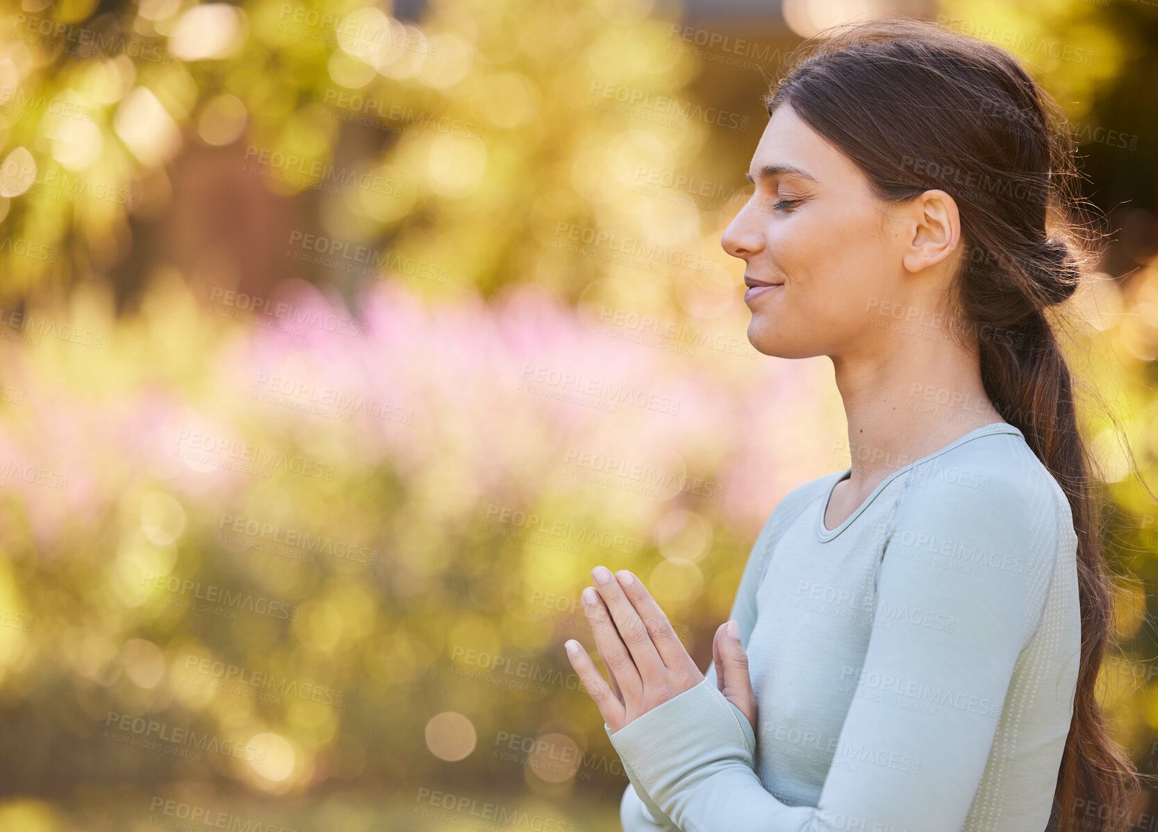 Buy stock photo Nature meditation, peace and zen woman doing yoga, pilates or spiritual wellness training, fitness or soul aura healing. Freedom, healthcare lifestyle or relax girl meditate for chakra energy balance