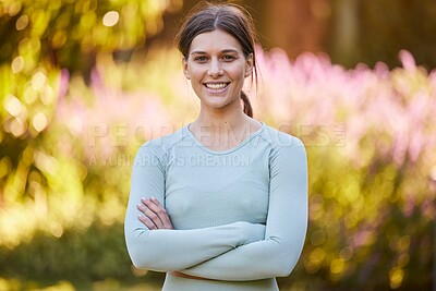 Buy stock photo Smile, fitness and woman training in nature for health, cardio and morning motivation. Portrait of young, happy and calm athlete with arms crossed, pride in workout and wellness journey with exercise