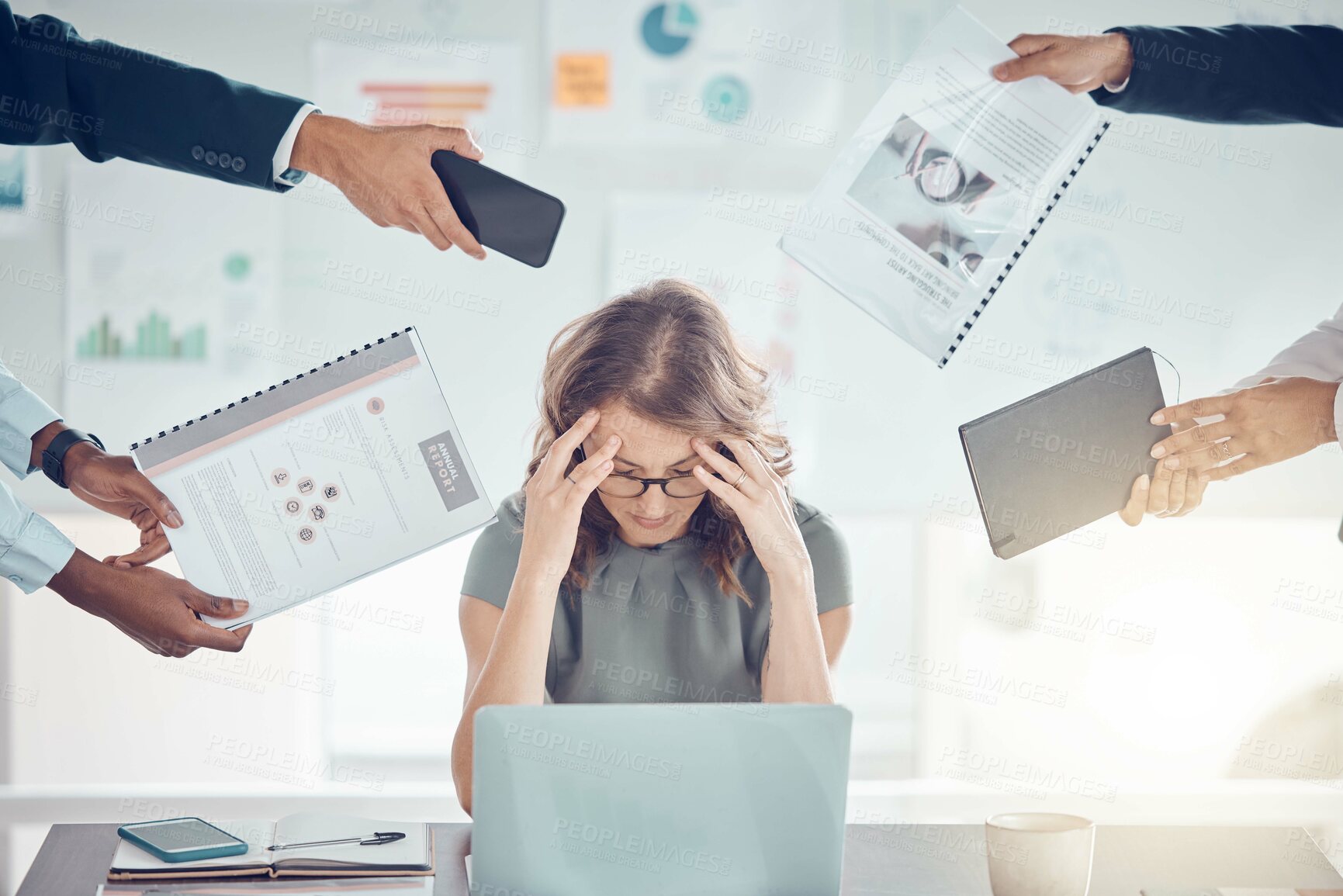 Buy stock photo Business woman, anxiety and headache for charts, planning and frustrated in office, workplace or data analyzing. Female entrepreneur, overworked or deadline pressure being tired, paperwork or at desk