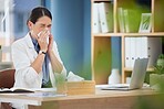 Sick, nose tissue and woman in business office with covid 19, corona virus infection or runny nose from allergy. Corona virus, health problem or employee blowing nose with cold, fever or flu symptoms