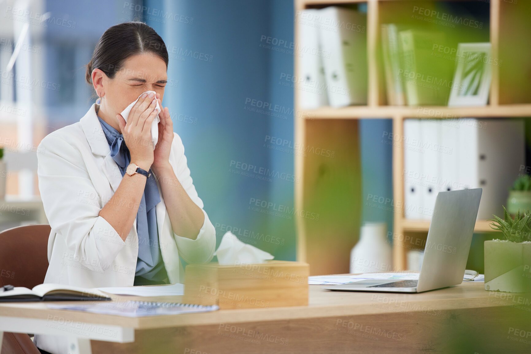 Buy stock photo Sick, nose tissue and woman in business office with covid 19, corona virus infection or runny nose from allergy. Corona virus, health problem or employee blowing nose with cold, fever or flu symptoms