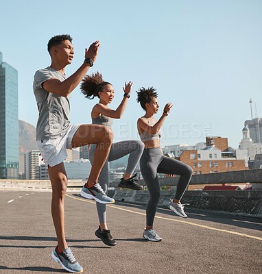 Buy stock photo Diversity, fitness friends or runner stretching in city for marathon, running exercise or sports workout. Wellness, teamwork health or group of athlete training for warm up , sport or street race