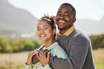 Buy stock photo Love, couple and portrait of black people in nature on a loving, caring and romantic date. African american man and woman hugging and embracing outside for care and fun with joy and affection