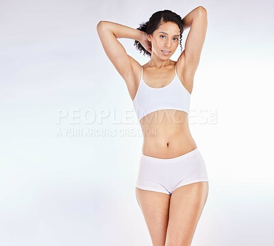 Buy stock photo Woman, white background or body underwear in studio exercise diet, Brazilian workout or training progress check. Portrait, beauty or fitness model with lingerie for self love, healthcare or wellness