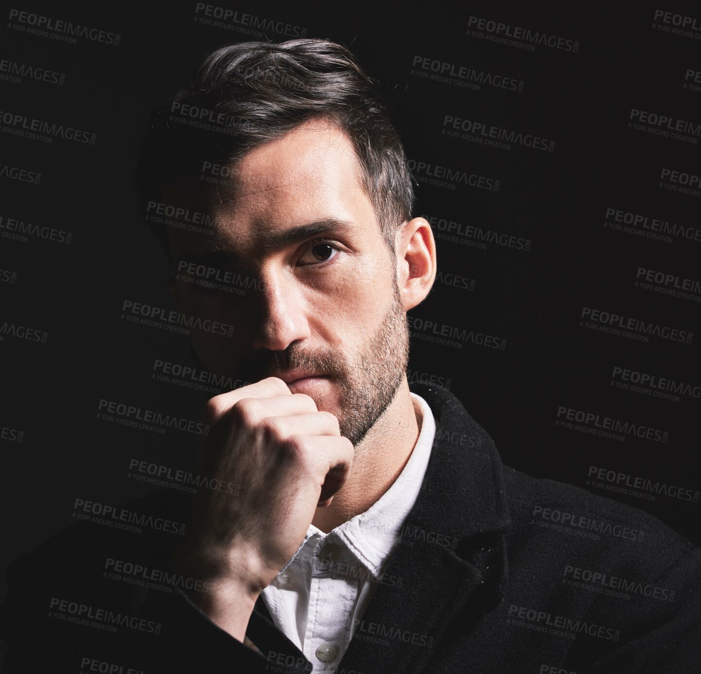 Buy stock photo Man, idea and thinking face, fashion and portrait against a black studio background with mockup space. Male model, style and elegant clothes, young or confidence with beard, attractive or fashionable