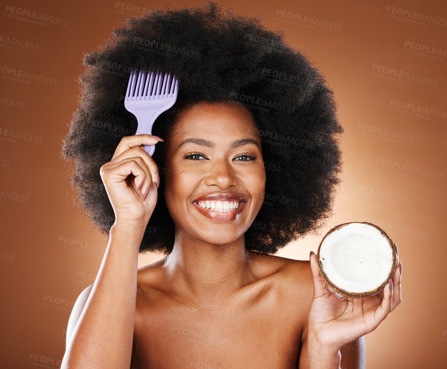 Buy stock photo Hair care, comb and portrait girl with coconut for afro hair growth, healthy hair hydration or moisturizing hairstyle treatment. Fruit product, wellness and face of black woman with natural routine