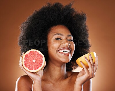 Buy stock photo Skincare, beauty and portrait of black woman with grapefruit for vitamin c, skin glow or natural facial routine. Food product, self care and face of nutritionist model with organic detox treatment