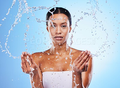 Buy stock photo Facial cleaning, water splash and black woman skincare wellness, shower and hygiene and clean in studio background. Bathroom, beauty and cleanliness with a model washing her skin for fresh care