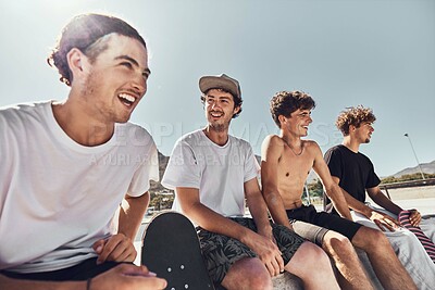 Buy stock photo Skateboard, friends and group, men and freedom at urban skate park, city and relaxing summer for training, outdoor action and sports hobby in USA. Young skater guys, youth culture and cool lifestyle

