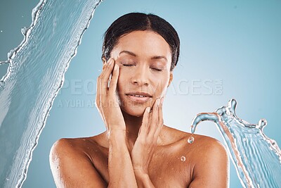 Buy stock photo Beauty, splash and black woman in studio for skincare, natural makeup and cosmetics promotion, marketing or advertising. Face, skin care and girl model in water or bathroom mockup for morning facial