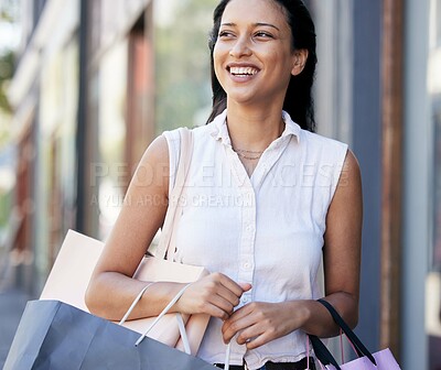 Buy stock photo Walking, happy woman shopping and city customer smile for discount sales, luxury fashion products and town market trip. Wealthy, rich and young consumer on vacation travel in Milan, Italy with bag