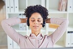 Relax, call center or tired black woman sleeping at customer services resting at customer services office desk. Nap, breathing or exhausted telemarketing agent relaxing at contact support on a break