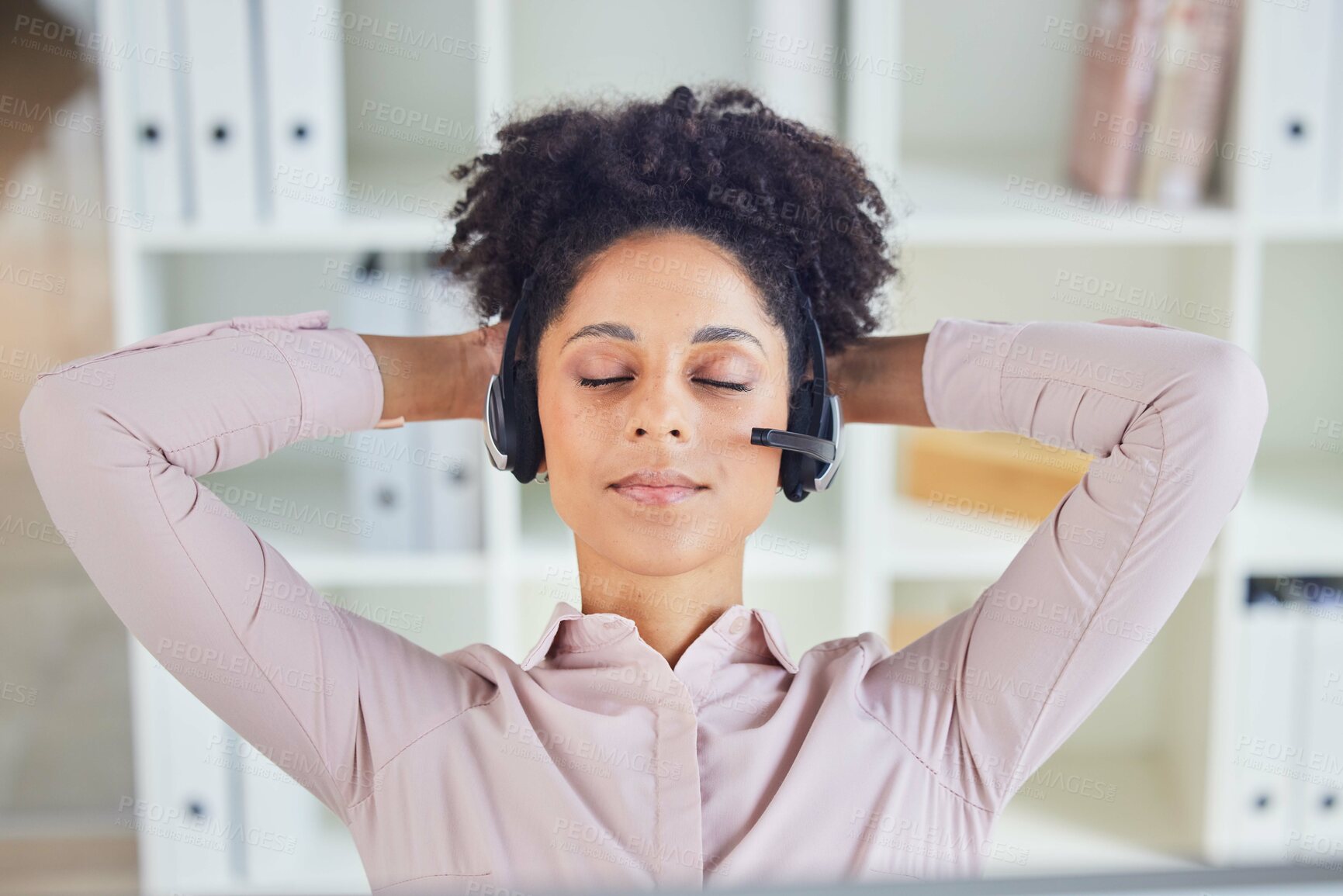 Buy stock photo Relax, call center or tired black woman sleeping at customer services resting at customer services office desk. Nap, breathing or exhausted telemarketing agent relaxing at contact support on a break