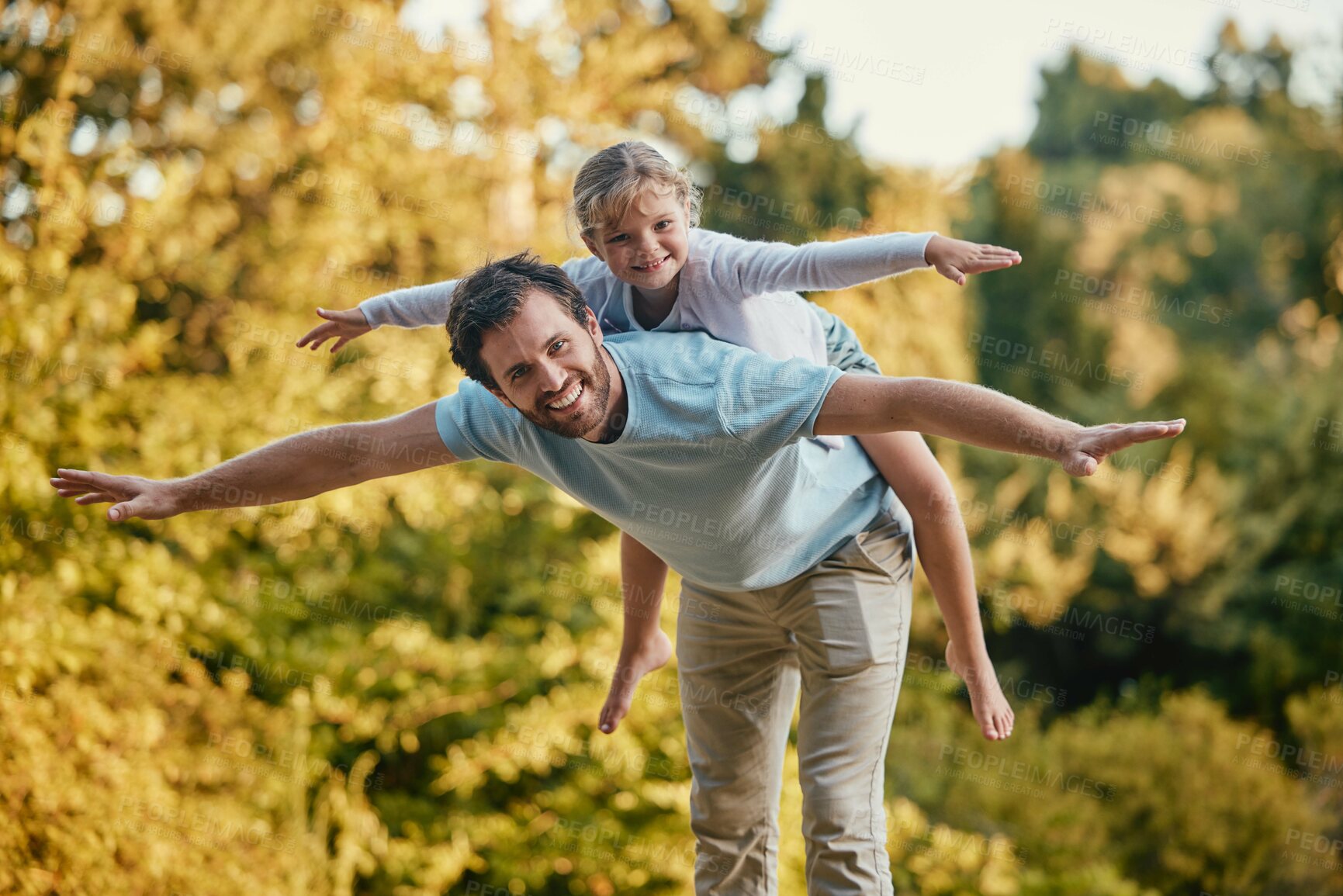 Buy stock photo Park, family and girl on back of father enjoying freedom on weekend, summer holiday and vacation in nature. Love, bonding and dad playing with child for quality time adventure and happiness in forest